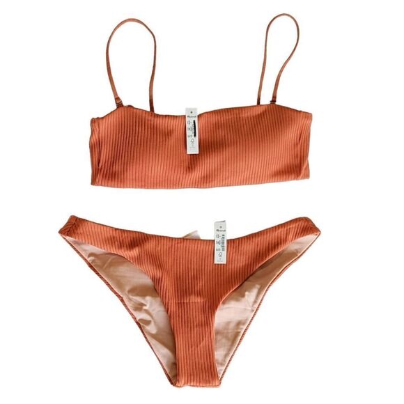 Madewell Bikini Set Convertible Ribbed Lined Bandeau Cheeky Sz S Coral N… - Picture 8 of 13